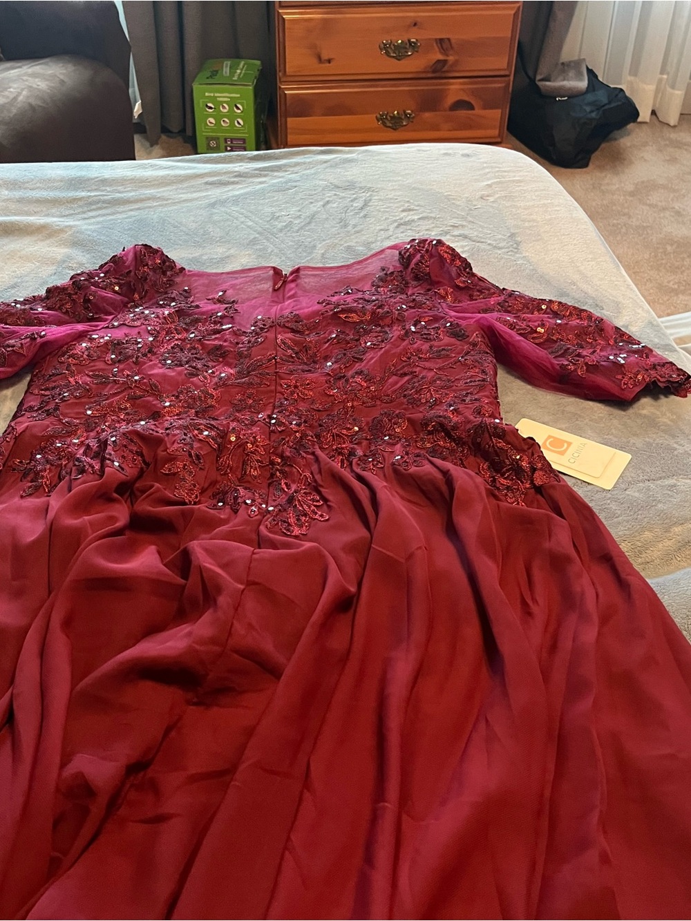 Beaded Long Sleeve Burgundy Evening Gown